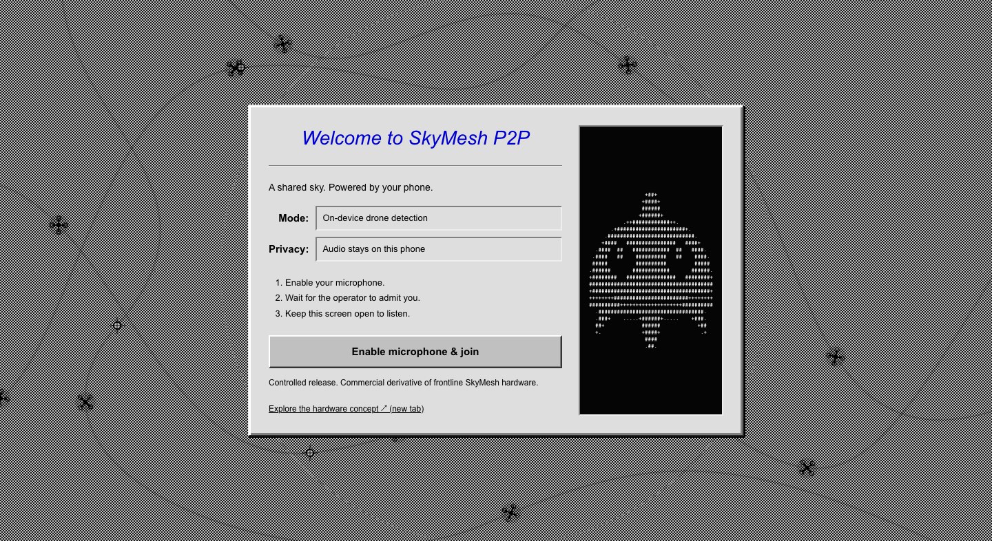The actual SkyMesh Fly.io landing page: retro gray enrollment panel, local detection and privacy indicators, microphone join button, and ASCII mascot.